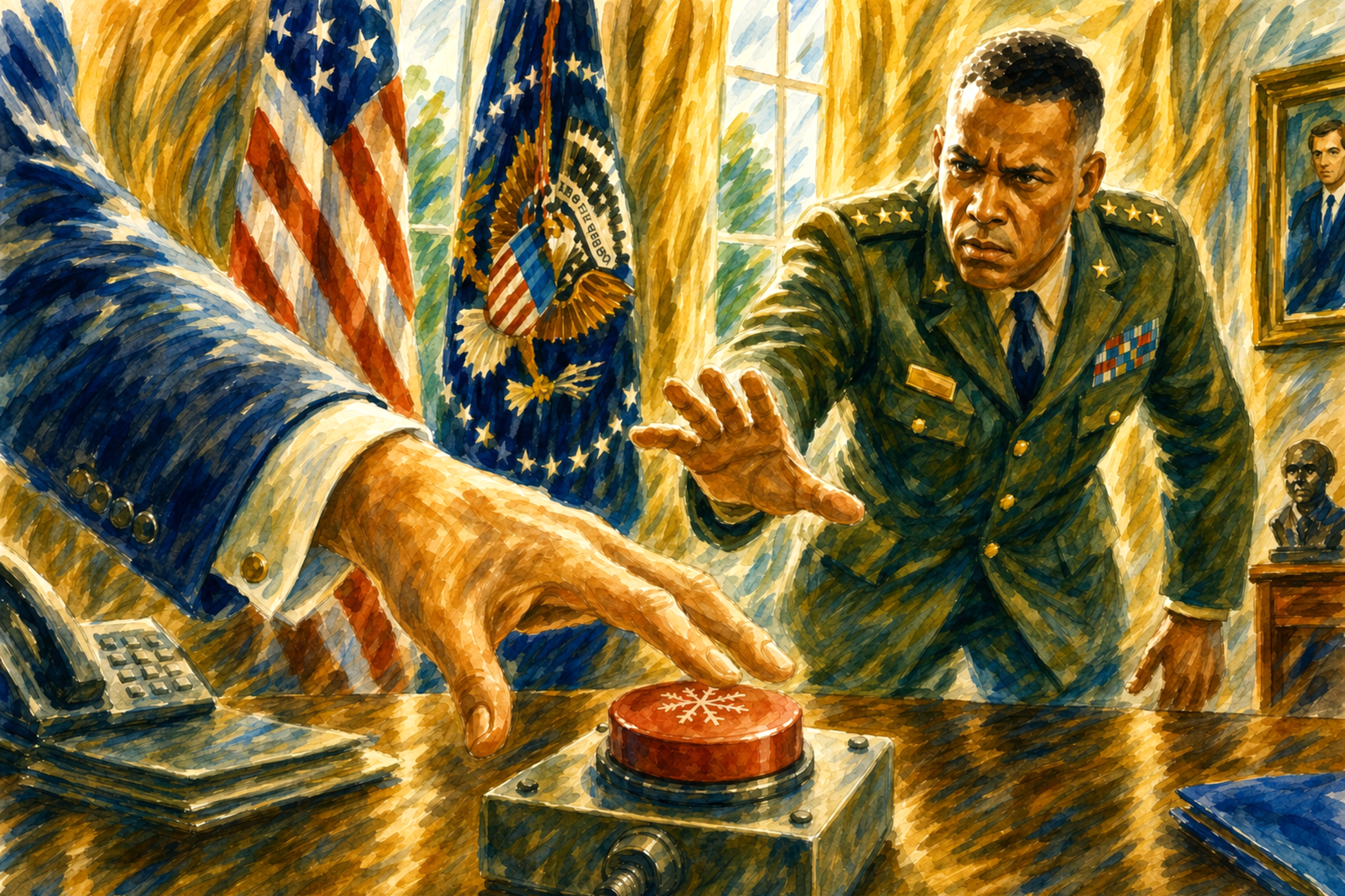 Watercolor fine art of a military officer reaching to stop a hand pressing a nuclear button, capturing tension, restraint, and consequence.