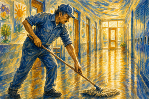 Watercolor art showing a school janitor mopping an empty hallway in warm morning light before students arrive, honoring quiet service, dedication, and the dignity of unseen work.