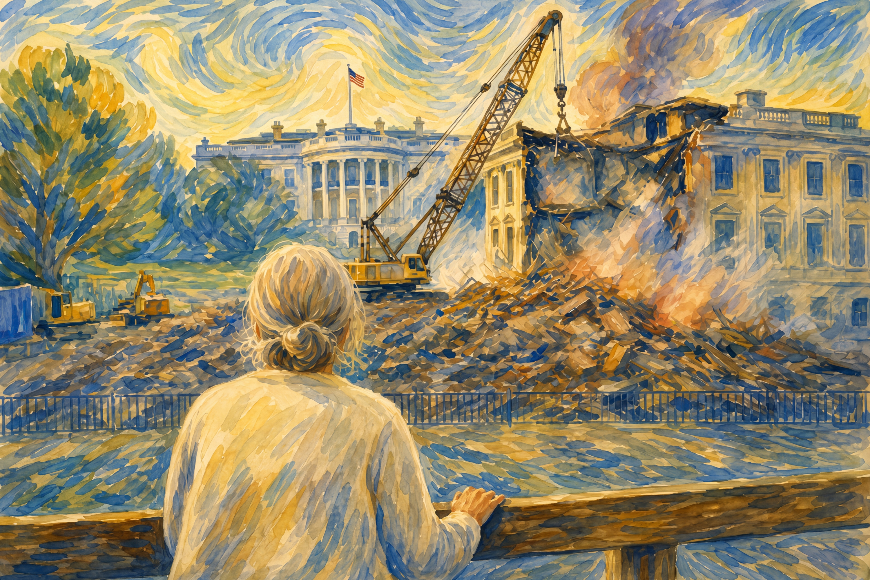 Watercolor civic art scene and political art of White House East Wing demolition with crane and debris, lone figure watching as history and institutional memory are lost.