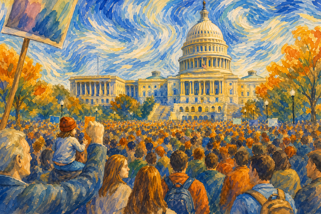 Watercolor democracy art showing a large crowd of protesters gathered in front of the U.S. Capitol.
