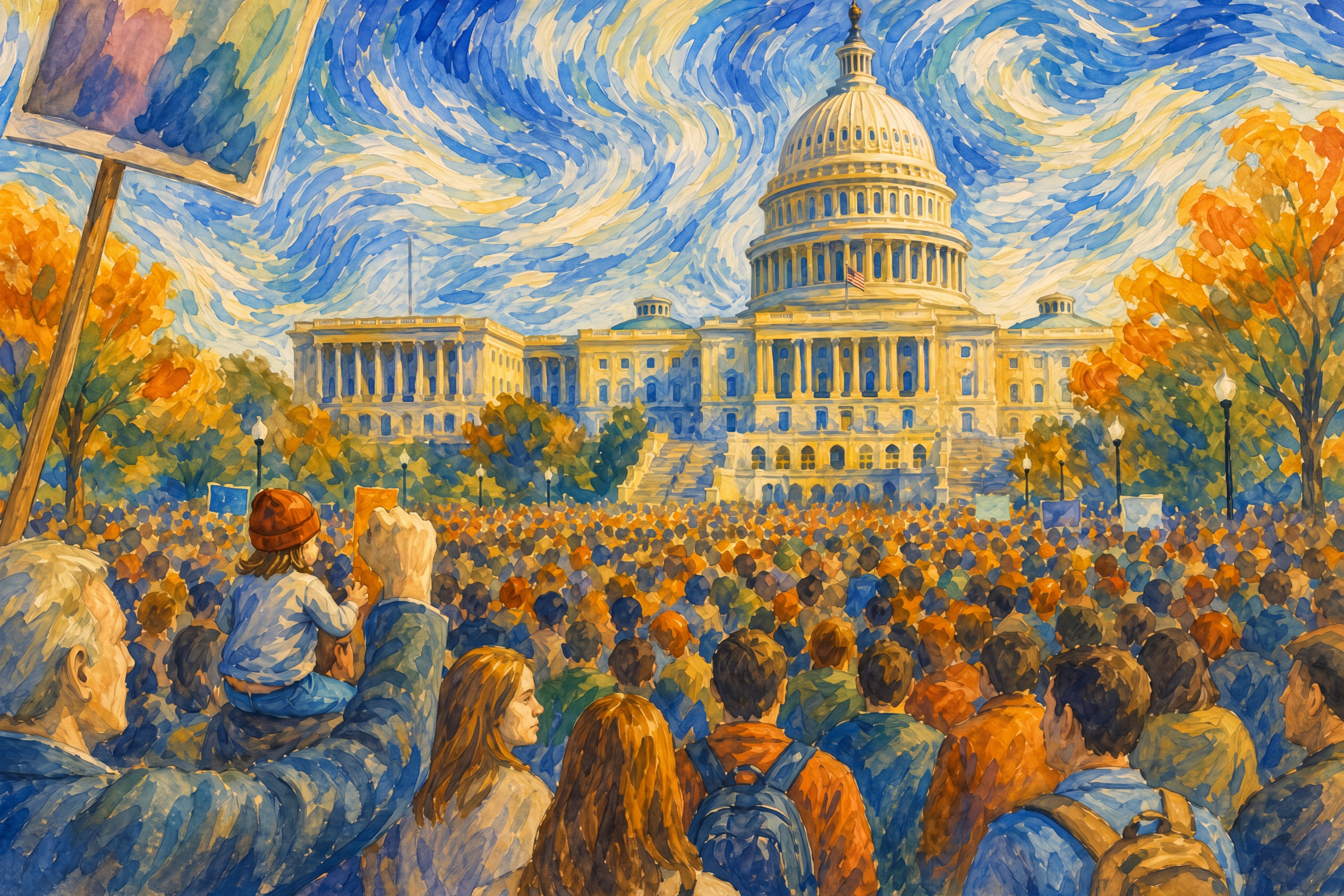 Watercolor democracy art showing a large crowd of protesters gathered in front of the U.S. Capitol.