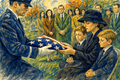 Military officer presents a folded American flag to a grieving widow during a solemn cemetery funeral ceremony, shown in expressive watercolor style.