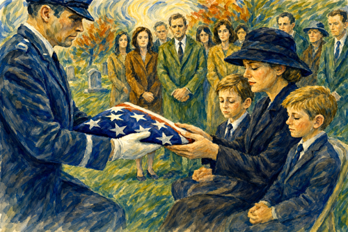 Military officer presents a folded American flag to a grieving widow during a solemn cemetery funeral ceremony, shown in expressive watercolor style.