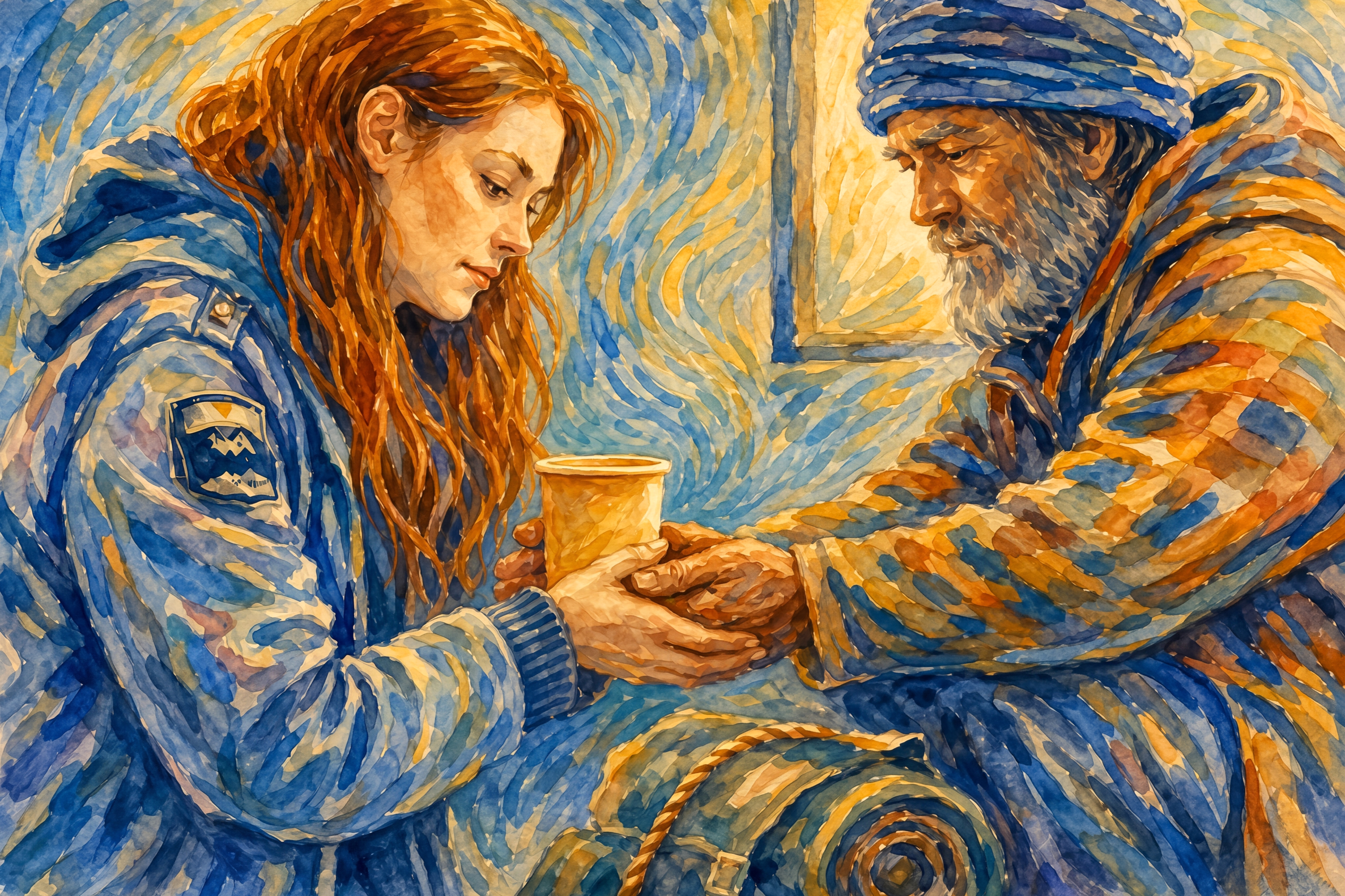 Young woman offering help to a homeless man on a city street, expressive civic art reflecting compassion, dignity, and shared civic responsibility