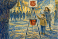 Civic art and expressive watercolor showing a young man contributing to the Salvation Army.