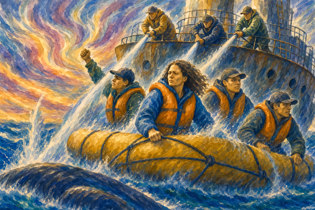 Expressive watercolor print of environmental volunteers in orange life jackets aboard a small yellow boat, shielding a surfacing whale from a large whaling ship as crew members spray powerful streams of water toward them; one volunteer raises a fist beneath a luminous coral, gold, and blue-gray sky.