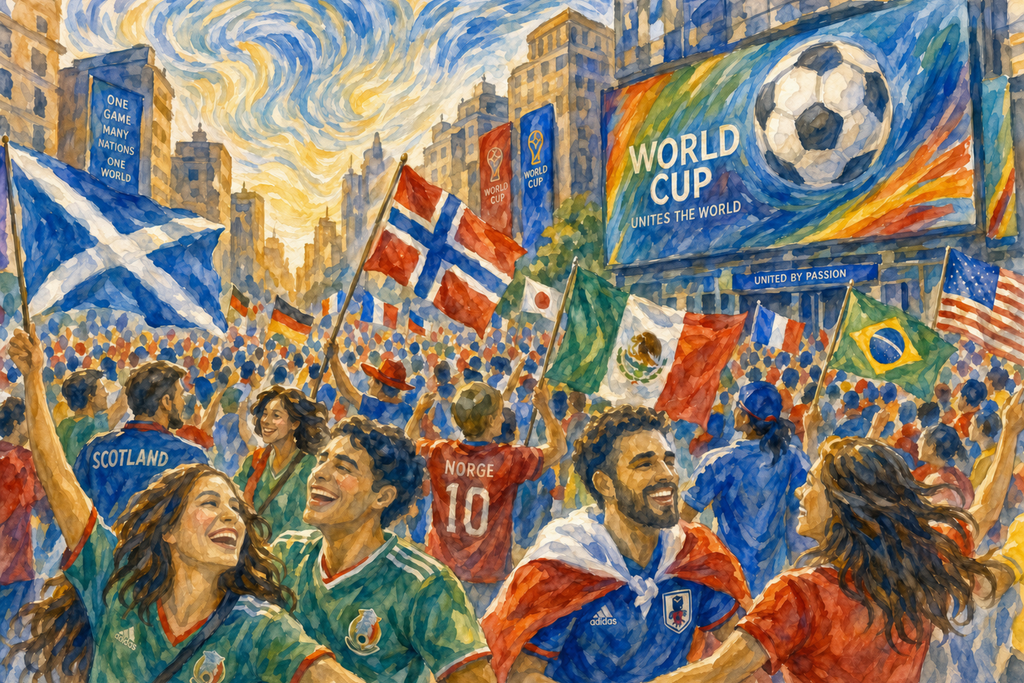 Fine art print showing a diverse crowd of people from different nations celebrating together beneath waving international flags, symbolizing unity in diversity.