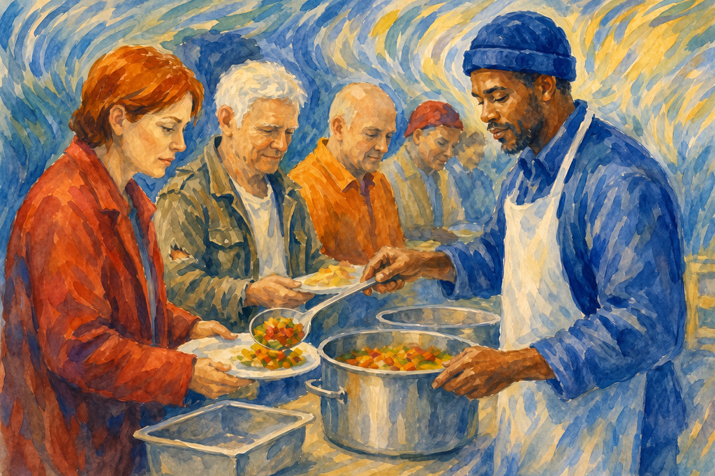 Volunteer serves meal at homeless shelter, expressive watercolor civic art, showing community care and human dignity.