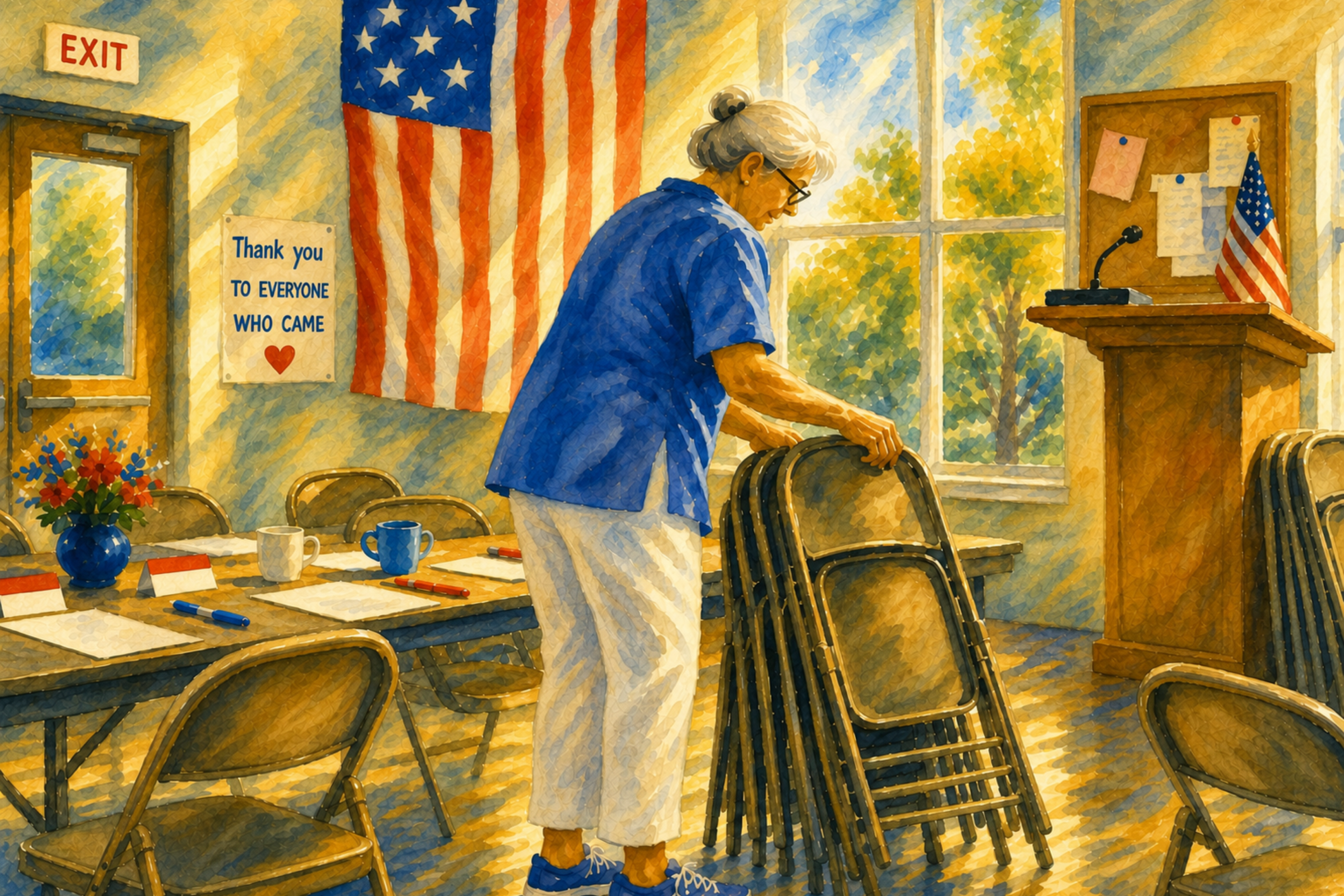 Democracy art print of an elderly volunteer stacking folding chairs in a sunlit community hall after a meeting has ended. Papers, coffee cups, and empty chairs remain as warm golden light fills the room, symbolizing quiet service, civic responsibility, and the unseen work that strengthens communities.