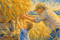 Farmer and young boy lift a large hay bale onto a wagon during harvest, warm watercolor art of shared work in a golden wheat field.