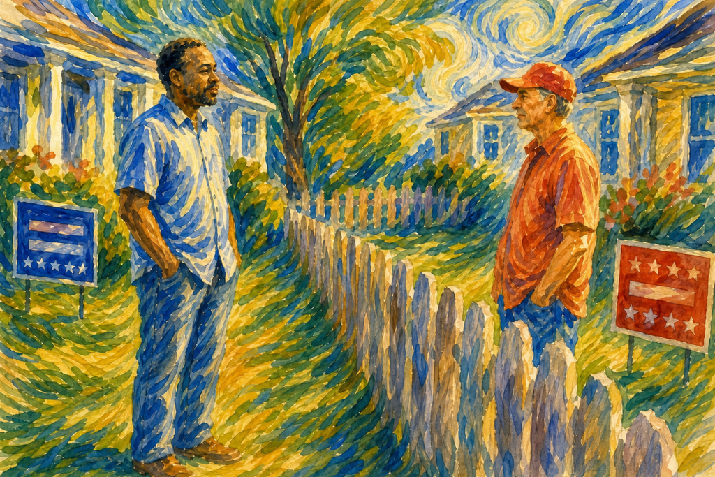 Political art watercolor image of two male neighbors, one Black and one white, standing on opposite sides of a backyard fence and speaking respectfully. Political signs with opposing colors appear behind them, symbolizing different beliefs, while their relaxed conversation reflects connection and shared humanity despite disagreement.