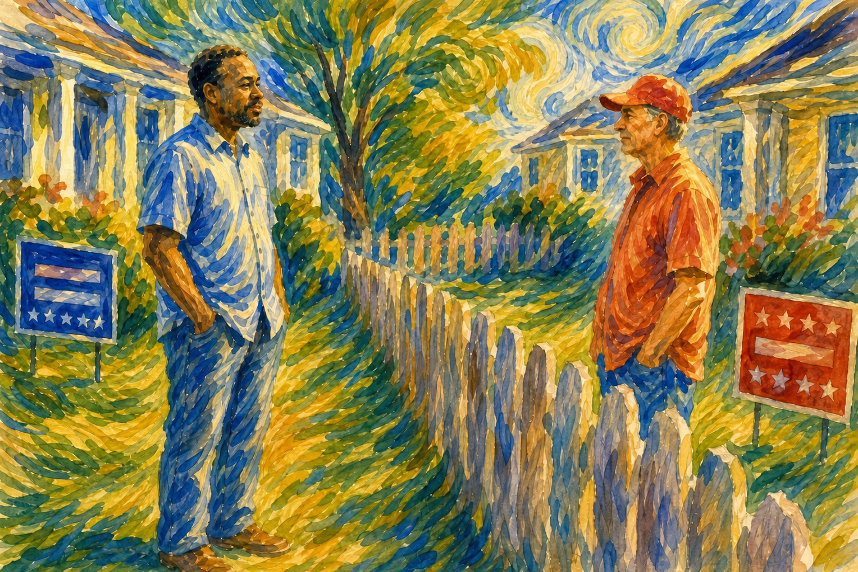 Political art watercolor image of two male neighbors, one Black and one white, standing on opposite sides of a backyard fence and speaking respectfully. Political signs with opposing colors appear behind them, symbolizing different beliefs, while their relaxed conversation reflects connection and shared humanity despite disagreement.