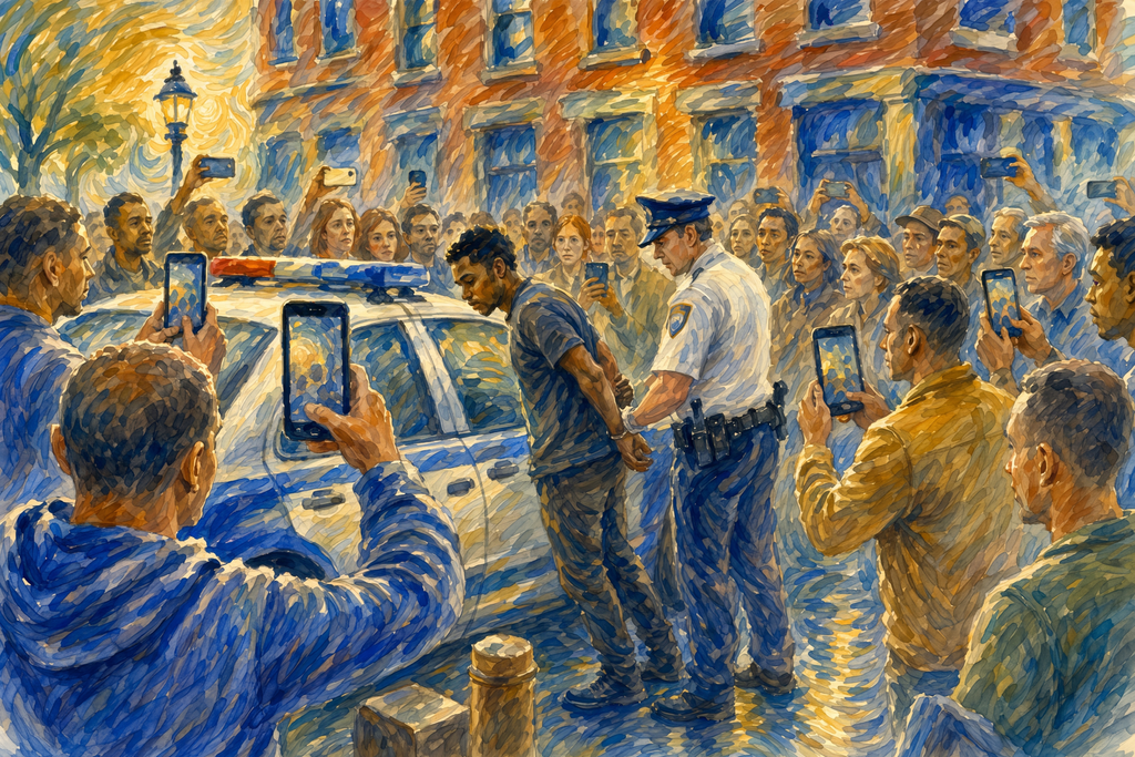 Civic art print of citizens gathered around a street arrest, holding up phones to document the moment as a police officer places a man in handcuffs beside a patrol car. Warm afternoon light surrounds the diverse crowd of witnesses, symbolizing public accountability, civic responsibility, and the role ordinary people play in protecting democracy.