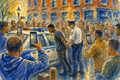 Civic art print of citizens gathered around a street arrest, holding up phones to document the moment as a police officer places a man in handcuffs beside a patrol car. Warm afternoon light surrounds the diverse crowd of witnesses, symbolizing public accountability, civic responsibility, and the role ordinary people play in protecting democracy.