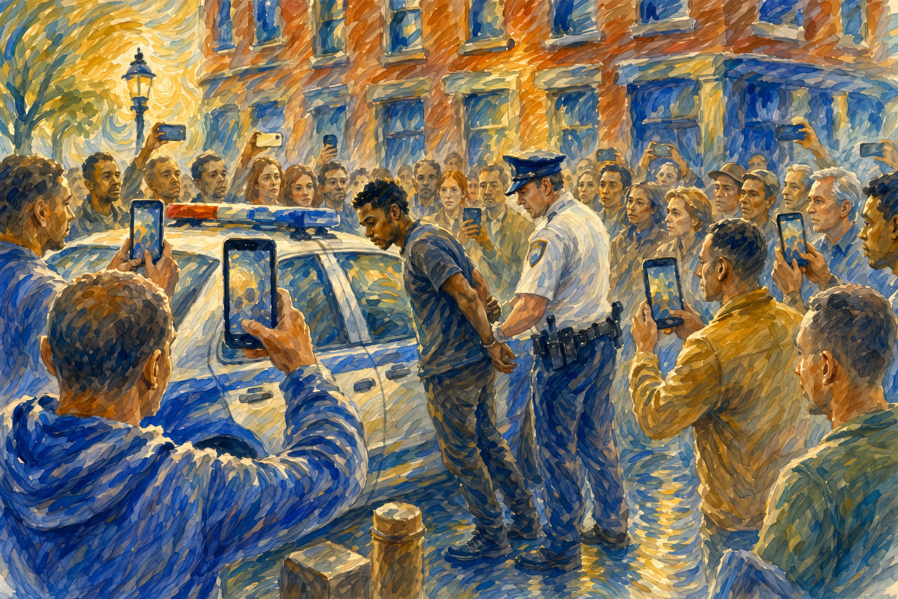 Civic art print of citizens gathered around a street arrest, holding up phones to document the moment as a police officer places a man in handcuffs beside a patrol car. Warm afternoon light surrounds the diverse crowd of witnesses, symbolizing public accountability, civic responsibility, and the role ordinary people play in protecting democracy.