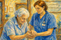 Watercolor civic art showing a nurse supporting an elderly woman inside a community health center, with a sign visible in the background