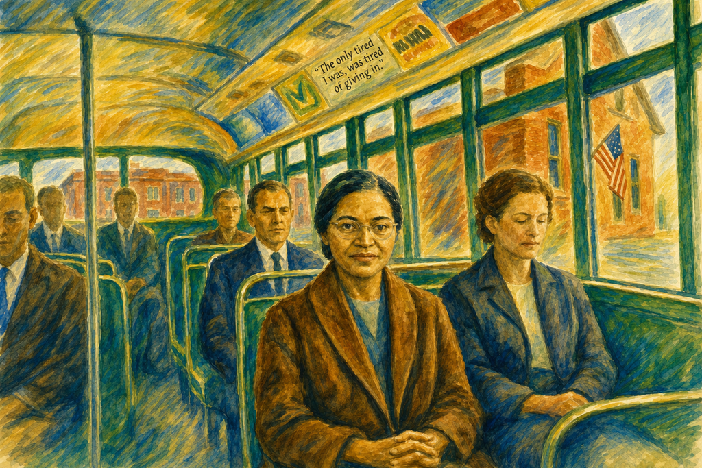 Civil rights art showing Rosa Parks on a bus, symbolizing civil disobedience and the fight for equal rights during the civil rights movement.