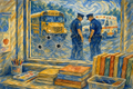 A watercolor painting of a quiet classroom viewed from inside, looking out through a shattered window, marked by three bullet holes and spreading crack. Outside, two police officers stand near a school bus and ambulance in a subdued emergency scene.