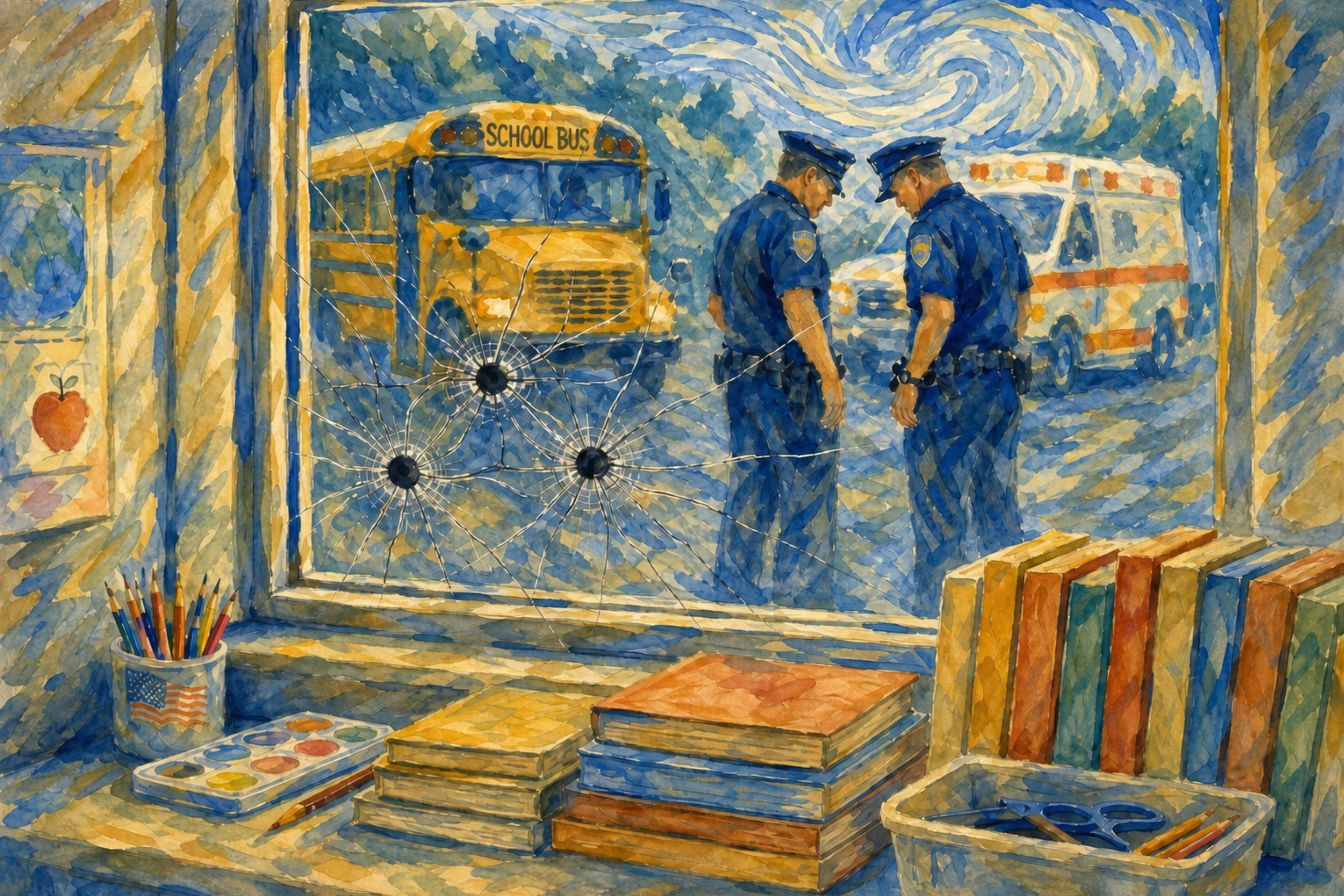 A watercolor painting of a quiet classroom viewed from inside, looking out through a shattered window, marked by three bullet holes and spreading crack. Outside, two police officers stand near a school bus and ambulance in a subdued emergency scene.