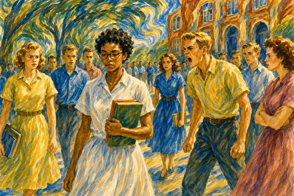 Democracy art watercolor depicting Elizabeth Eckford walking alone through a hostile crowd during school integration, carrying books with quiet dignity as angry students surround her outside a historic school building.
