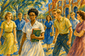 Democracy art watercolor depicting Elizabeth Eckford walking alone through a hostile crowd during school integration, carrying books with quiet dignity as angry students surround her outside a historic school building.