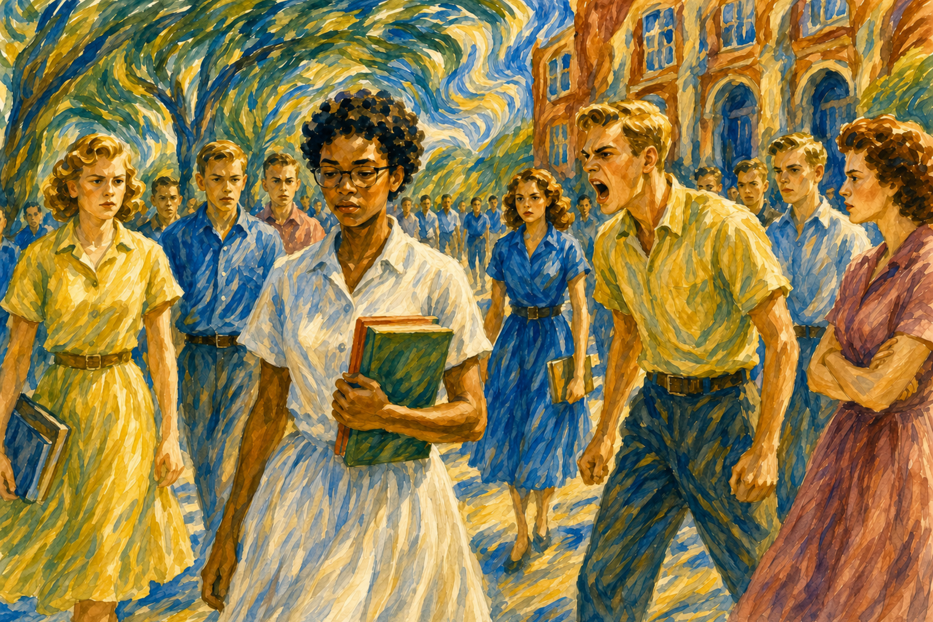 Democracy art watercolor depicting Elizabeth Eckford walking alone through a hostile crowd during school integration, carrying books with quiet dignity as angry students surround her outside a historic school building.