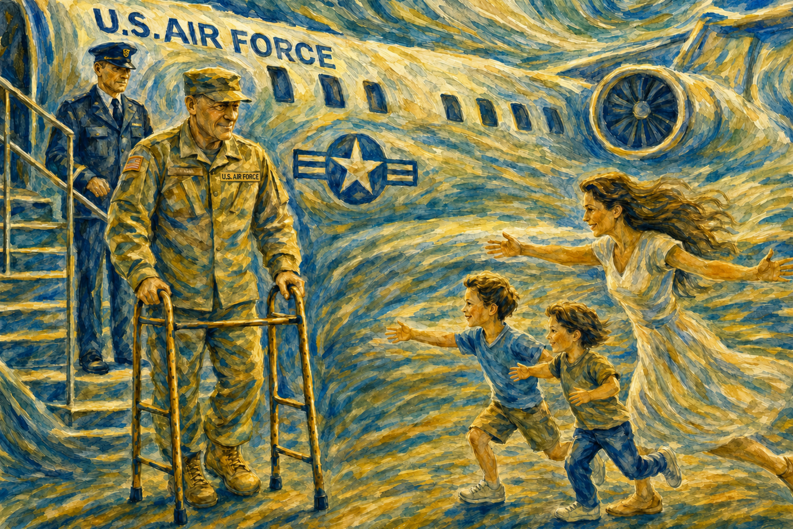 Fine civic artwork depicting a wounded U.S. veteran descending aircraft stairs with a walker on a sunlit tarmac as his family runs toward him with open arms, with a military aircraft and Air Force insignia in the background