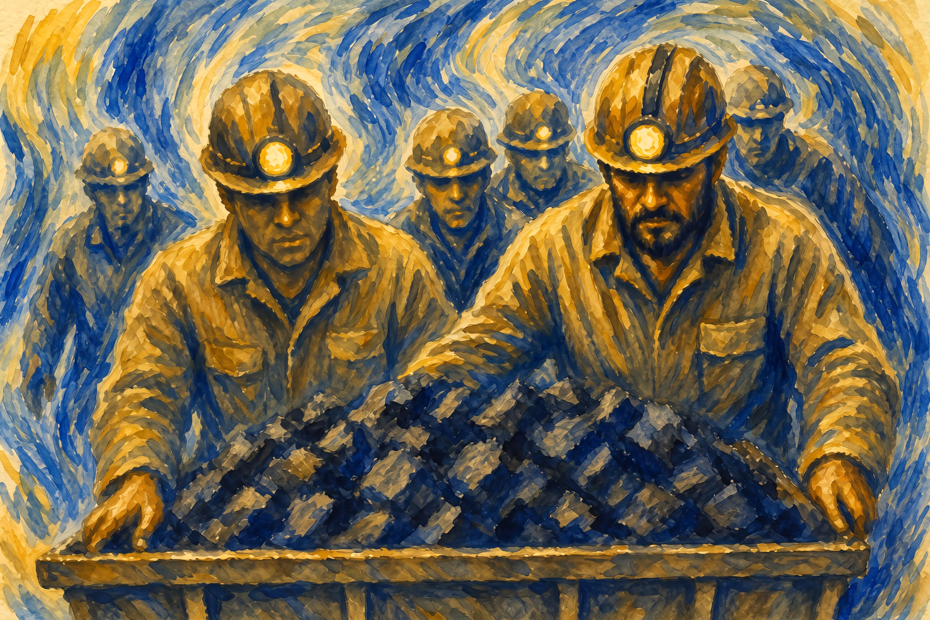 Watercolor civic art showing coal miners standing behind a mine cart, their lamps illuminating chunks of coal in an underground mine.