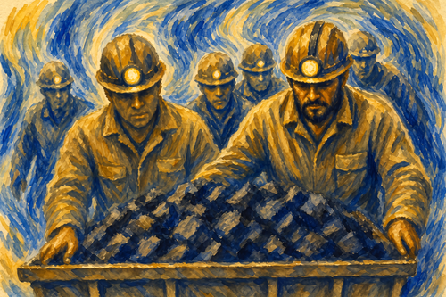 Watercolor civic art showing coal miners standing behind a mine cart, their lamps illuminating chunks of coal in an underground mine.