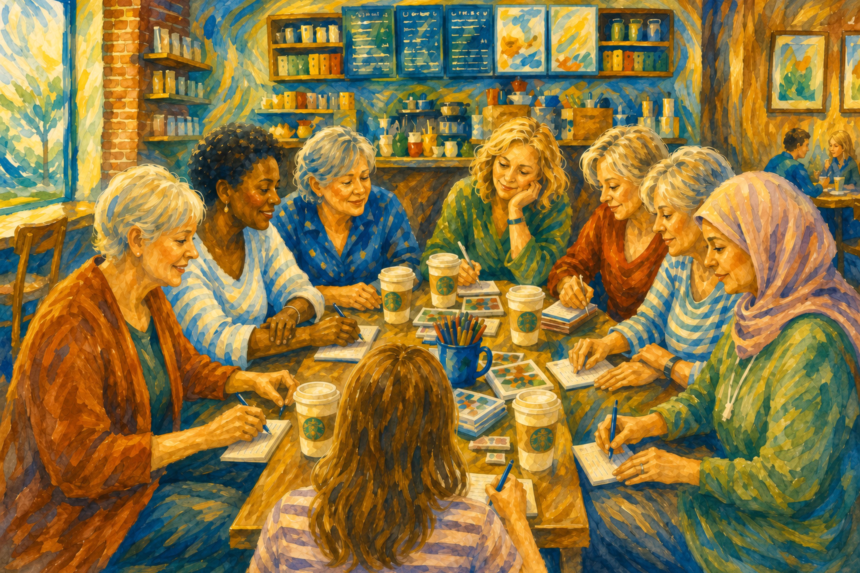 Watercolor fine art showing diverse women gathered in a coffee shop writing postcards to public officials and participating in civic engagement