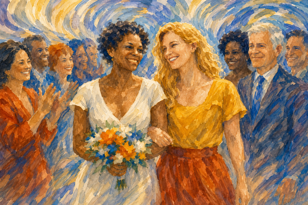Democracy art watercolor showing two brides in wedding dresses embracing, celebrating marriage equality and the freedom to choose one's partner.