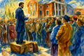 Democracy art showing Abraham Lincoln speaking to a crowd of people in a town square.