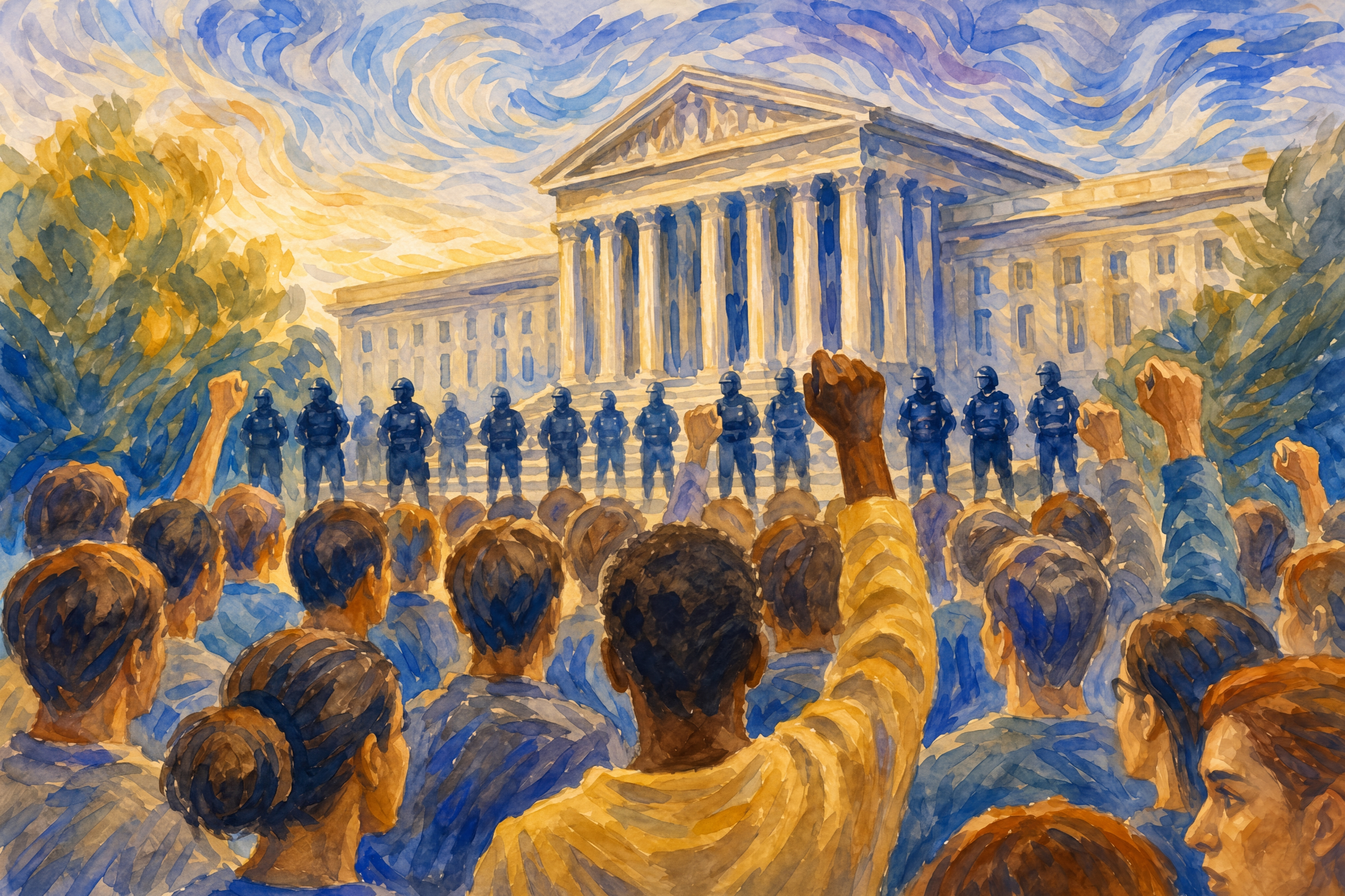 Protest art and political art showing citizens protesting the presence of ICE officers.