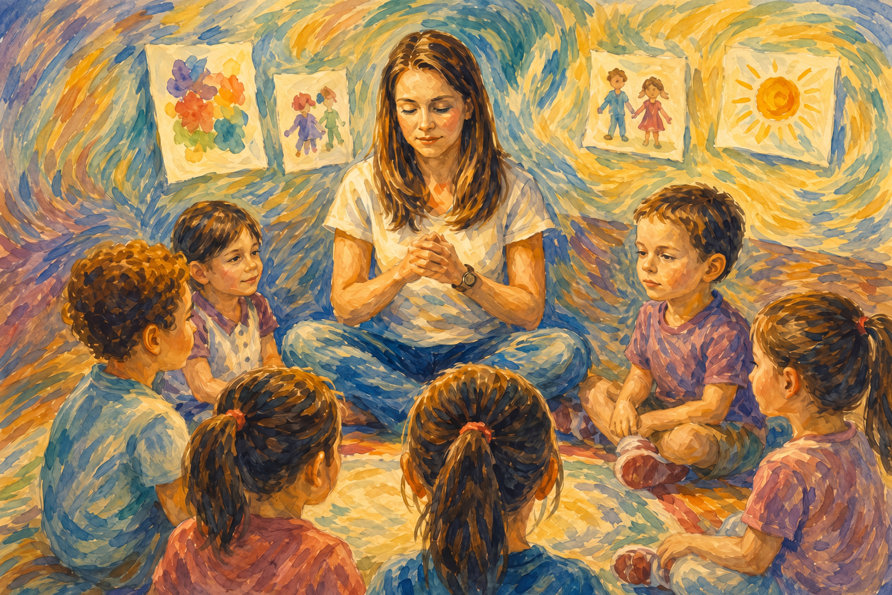 Civic art showing classroom of young students sitting in a circle as their teacher sits at the front guiding the lesson, the scene shows a shared moment of focus, early learning and the formation of civic life