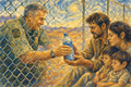 Civic art showing a border patrol officer handing a bottle of water to an immigrant family.