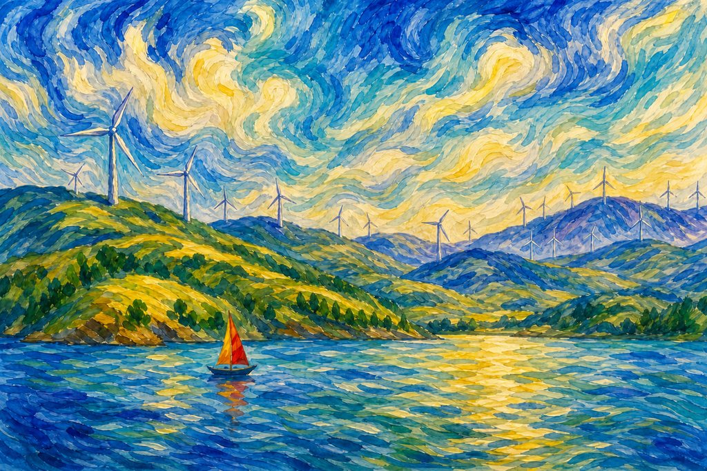 Watercolor landscape of a red-and-yellow sailboat on a sparkling blue lake, with wind turbines across sunlit green hills beneath a bright, cloud-filled sky