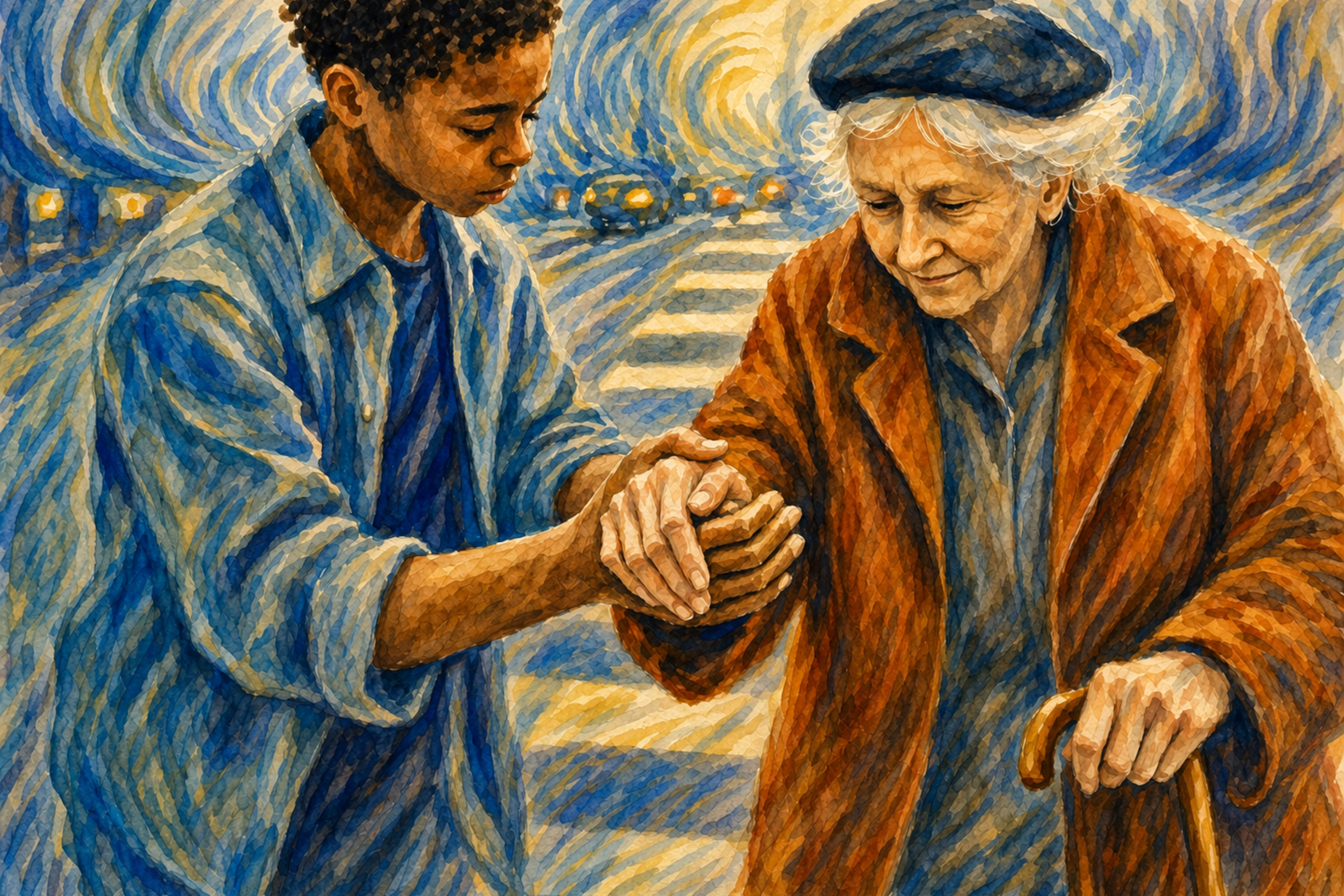 A young man helping an elderly woman cross a busy street, compassionate civic art and democracy art highlighting everyday kindness in public life.