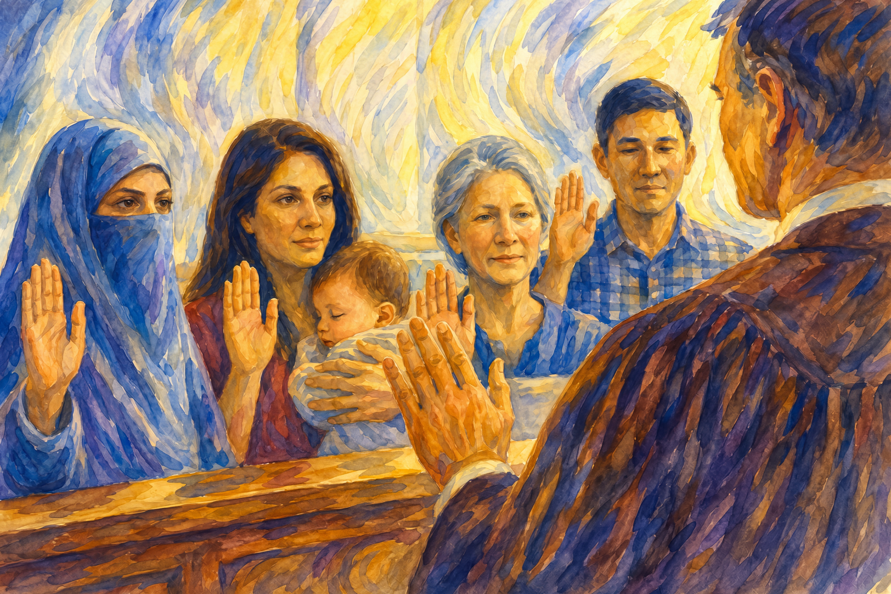 Watercolor civic art scene of a naturalization ceremony, viewed from behind a judge as four diverse individuals raise their right hand to take the oath, including a veiled woman and a mother holding her baby, rendered in a soft, painterly style with warm and cool tones