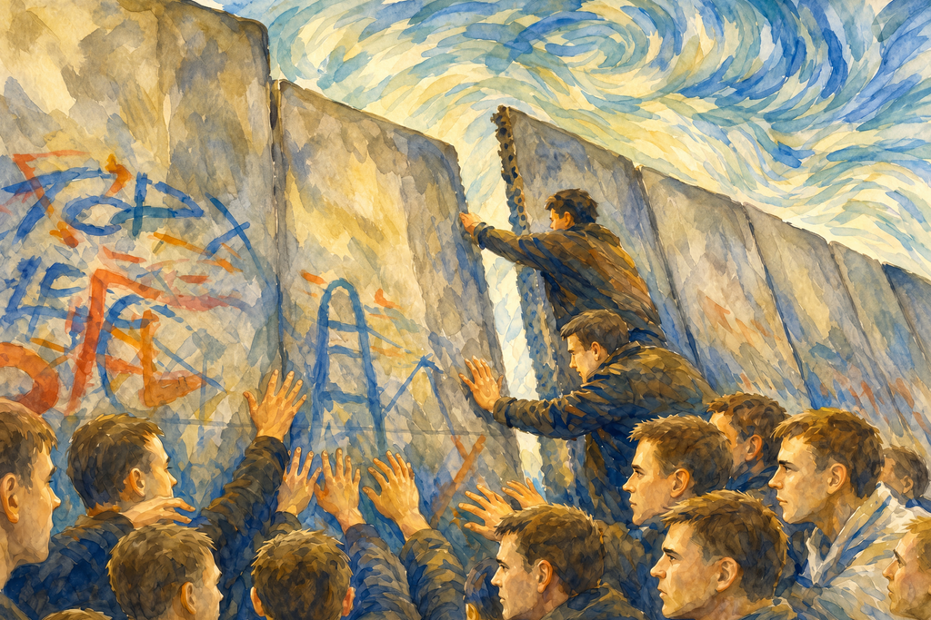 Democracy art and political art showing people climbing over the Berlin Wall and embracing freedom