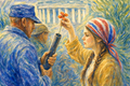 Expressive watercolor protest art and political art of a young woman raising a flower above a soldier's rifle, symbolizing peace over force in a public setting