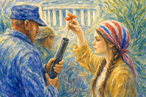 Expressive watercolor protest art and political art of a young woman raising a flower above a soldier's rifle, symbolizing peace over force in a public setting