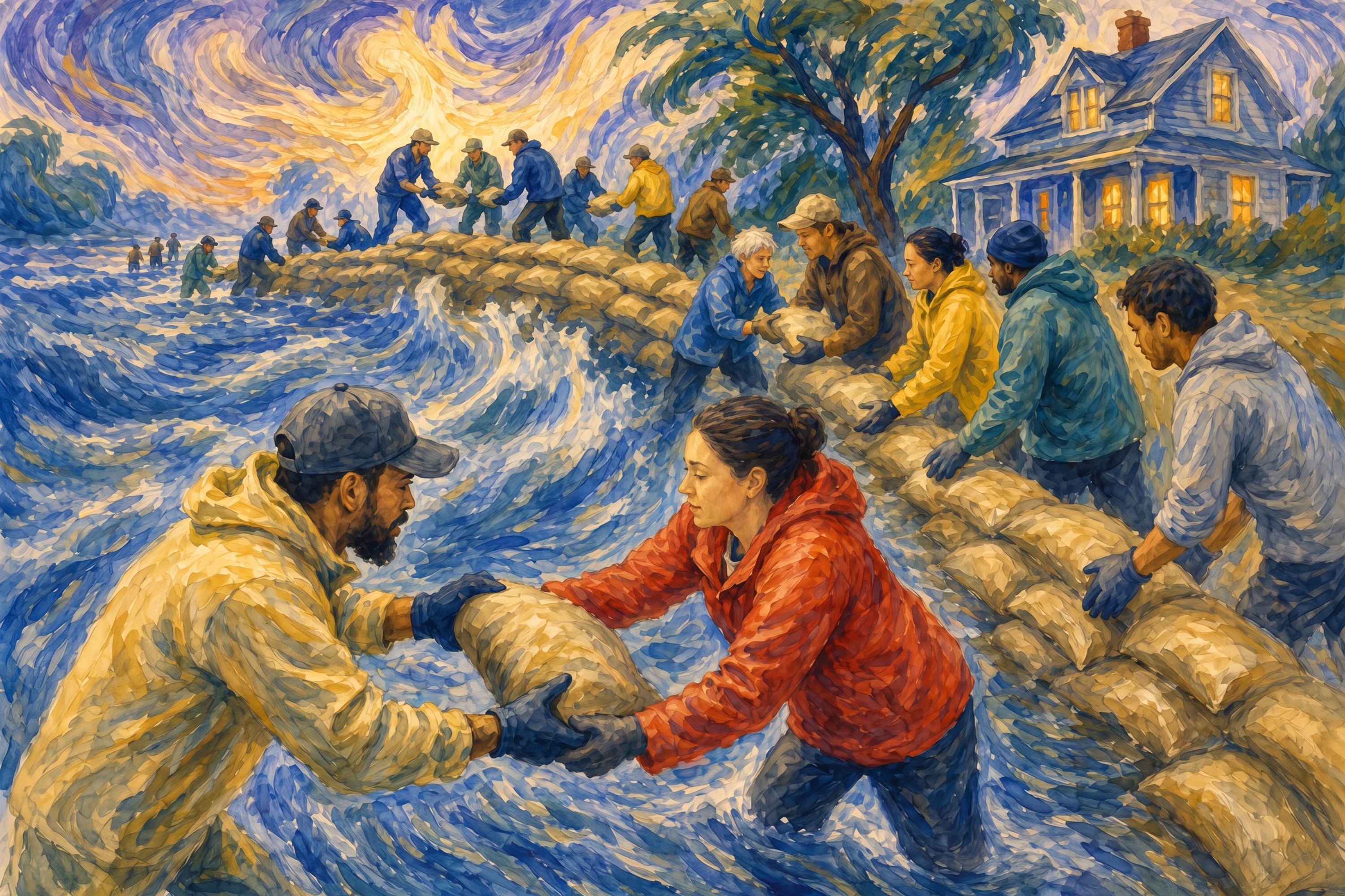 Civic art depicting a diverse community passing sandbags and building a barrier together to protect a neighborhood home from surging floodwaters.