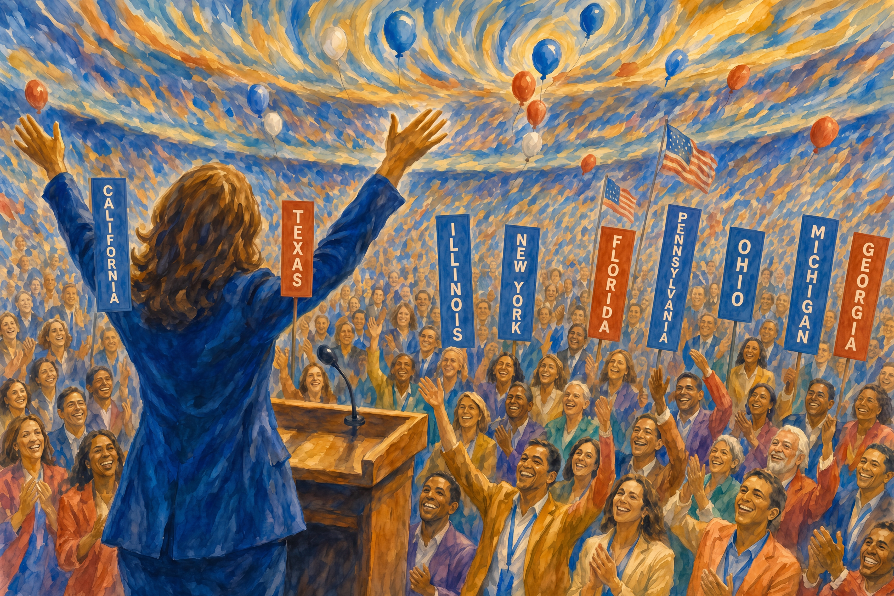 Democracy art watercolor showing a female political candidate raising both arms at a convention podium as a diverse crowd cheers beneath state placards, American flags, balloons, and falling confetti.