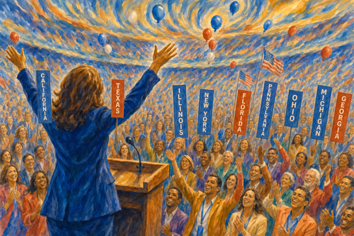 Democracy art watercolor showing a female political candidate raising both arms at a convention podium as a diverse crowd cheers beneath state placards, American flags, balloons, and falling confetti.