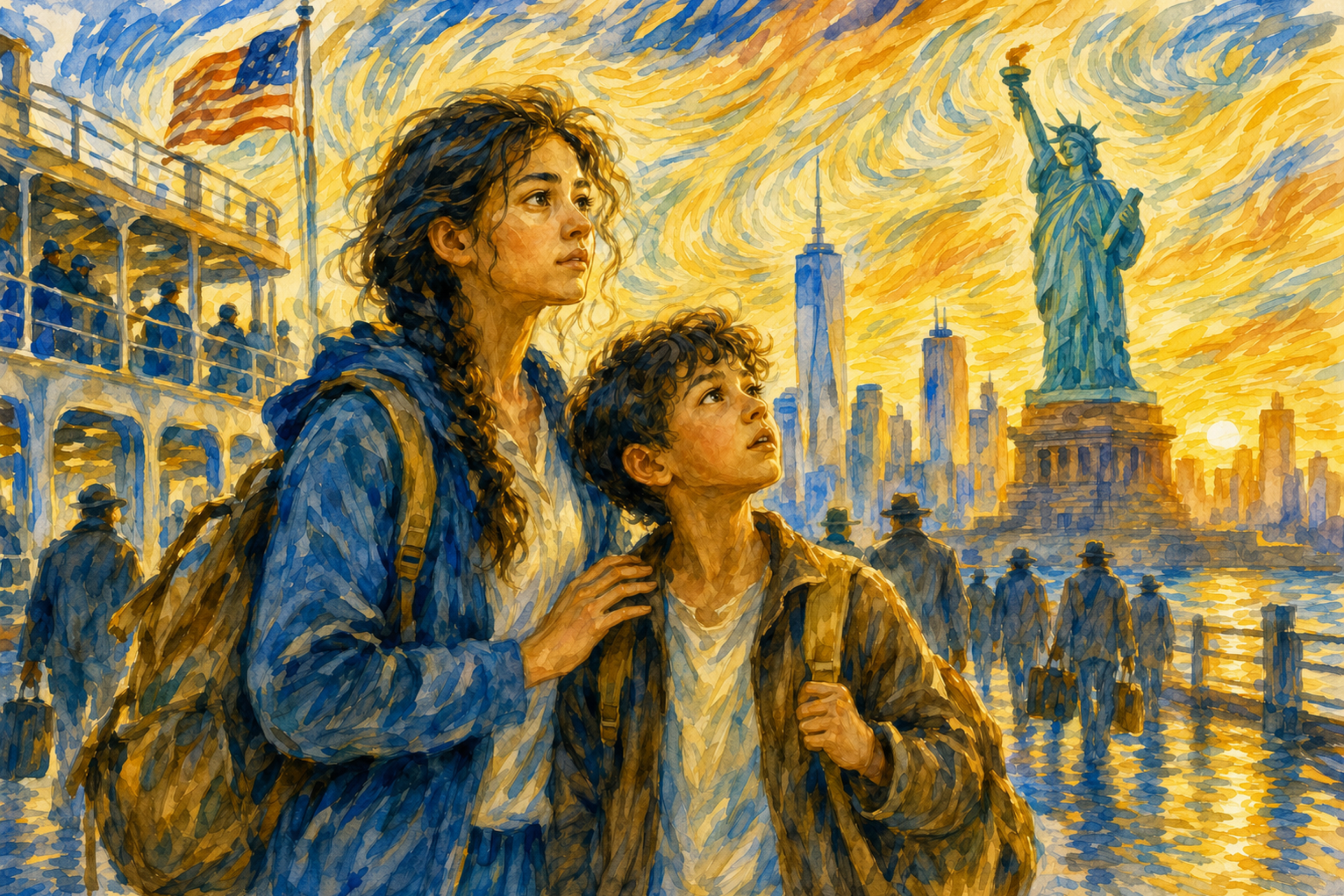 Watercolor print of a teenage immigrant girl and her younger brother newly arrived in New York Harbor at sunrise. Carrying worn backpacks, the girl rests a protective hand on her brother’s shoulder as they look toward their new home. The Statue of Liberty, city skyline, ferry, and golden reflections symbolize hope, uncertainty, and the beginning of a new life.