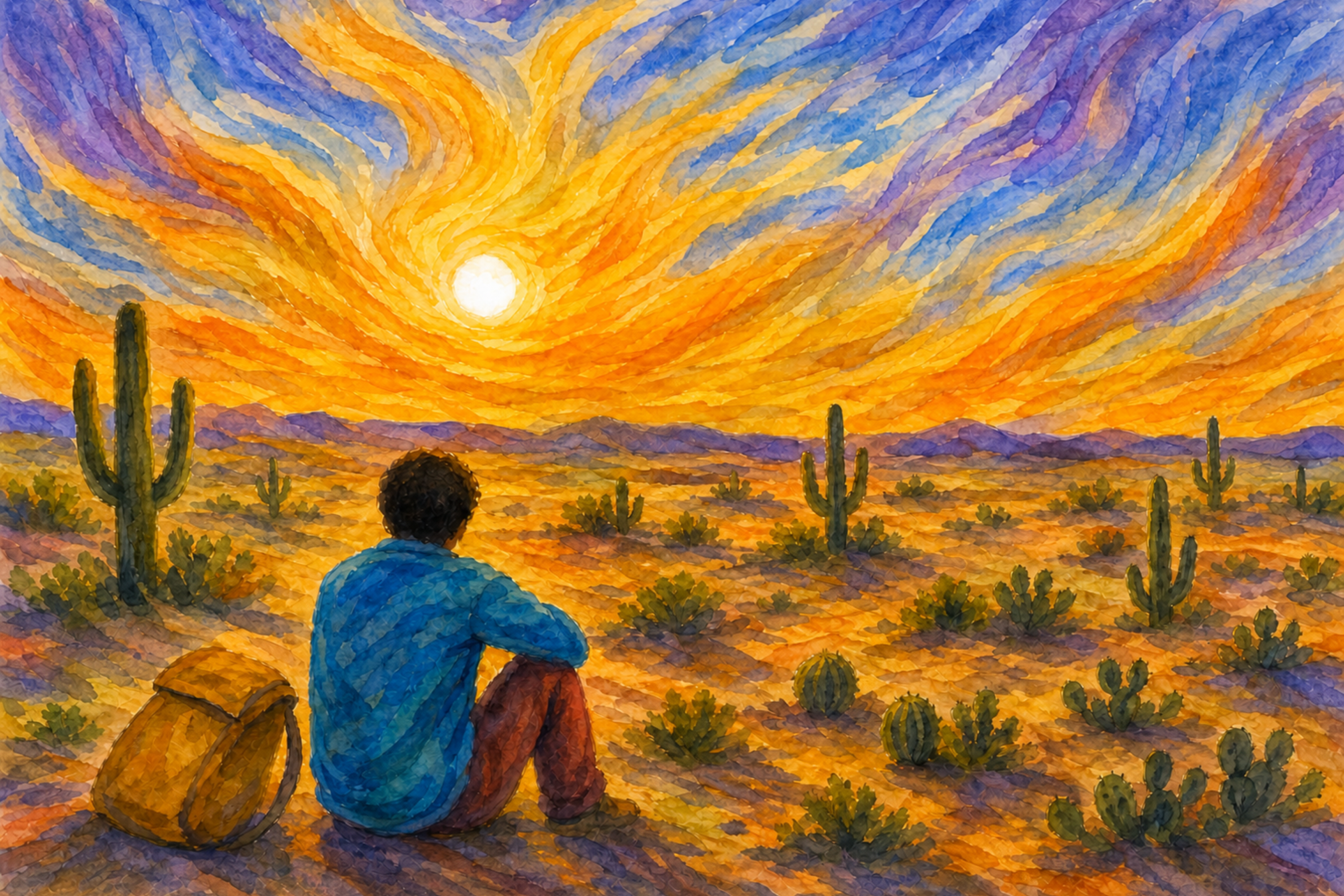 Watercolor print of a camper seated beside an ochre backpack, viewed from behind while looking across a cactus-filled southwestern desert toward a brilliant sun beneath sweeping blue, violet, yellow, and orange clouds.