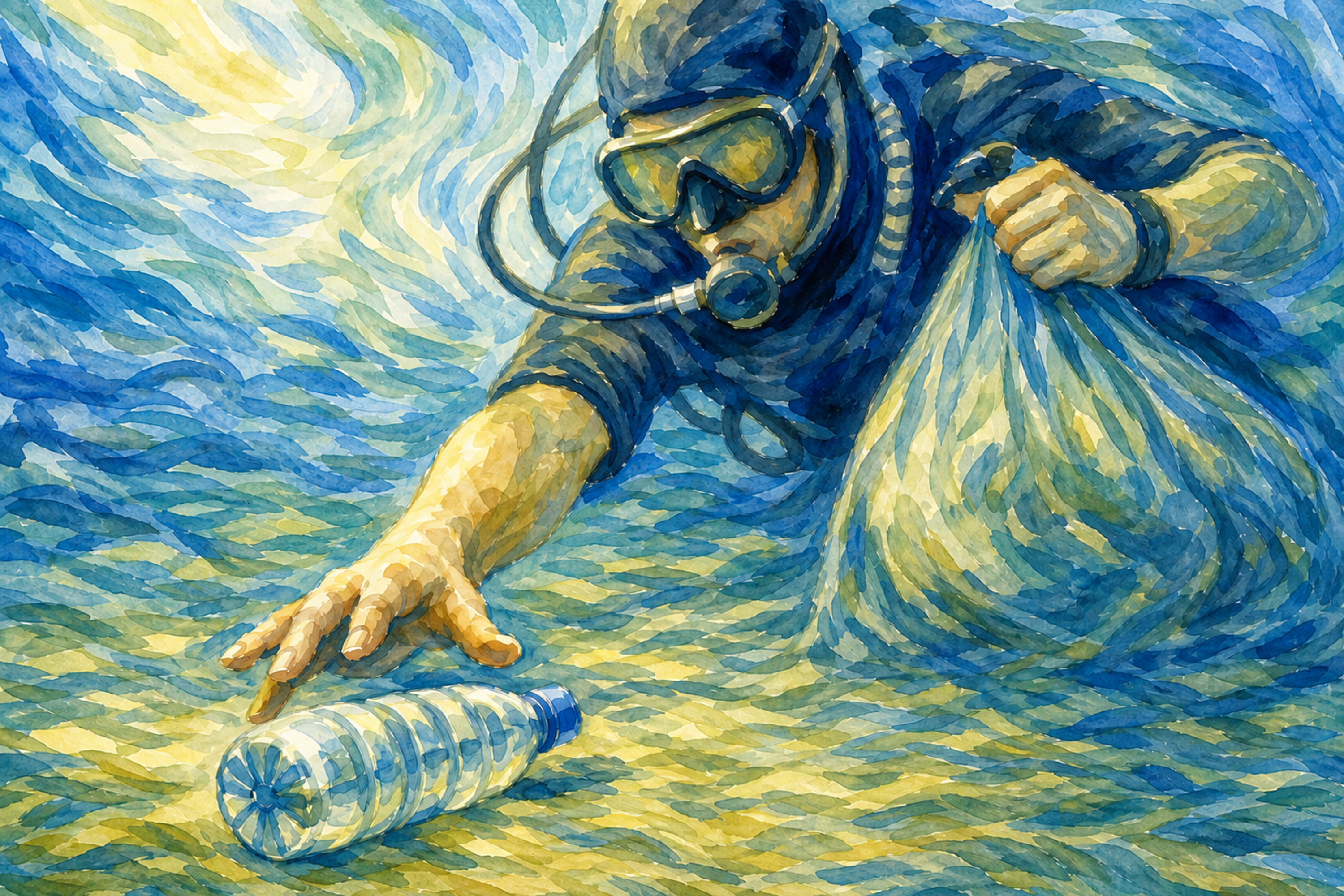 A civic fine art watercolor of a scuba diver reaching for a bottle on the ocean floor, holding a partially filled mesh bag of debris with a soft light filtering through blue-green water and scattered waste fading into the background
