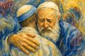 Religious freedom art showing leaders from different faiths embracing and showing unity in a democratic society.