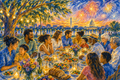 Watercolor art showing a diverse multigenerational group of Americans gathered around a long outdoor table sharing a meal at sunset, with the Washington Monument, U.S. Capitol, and fireworks in the background, symbolizing community, inclusion, and America’s 250th anniversary.