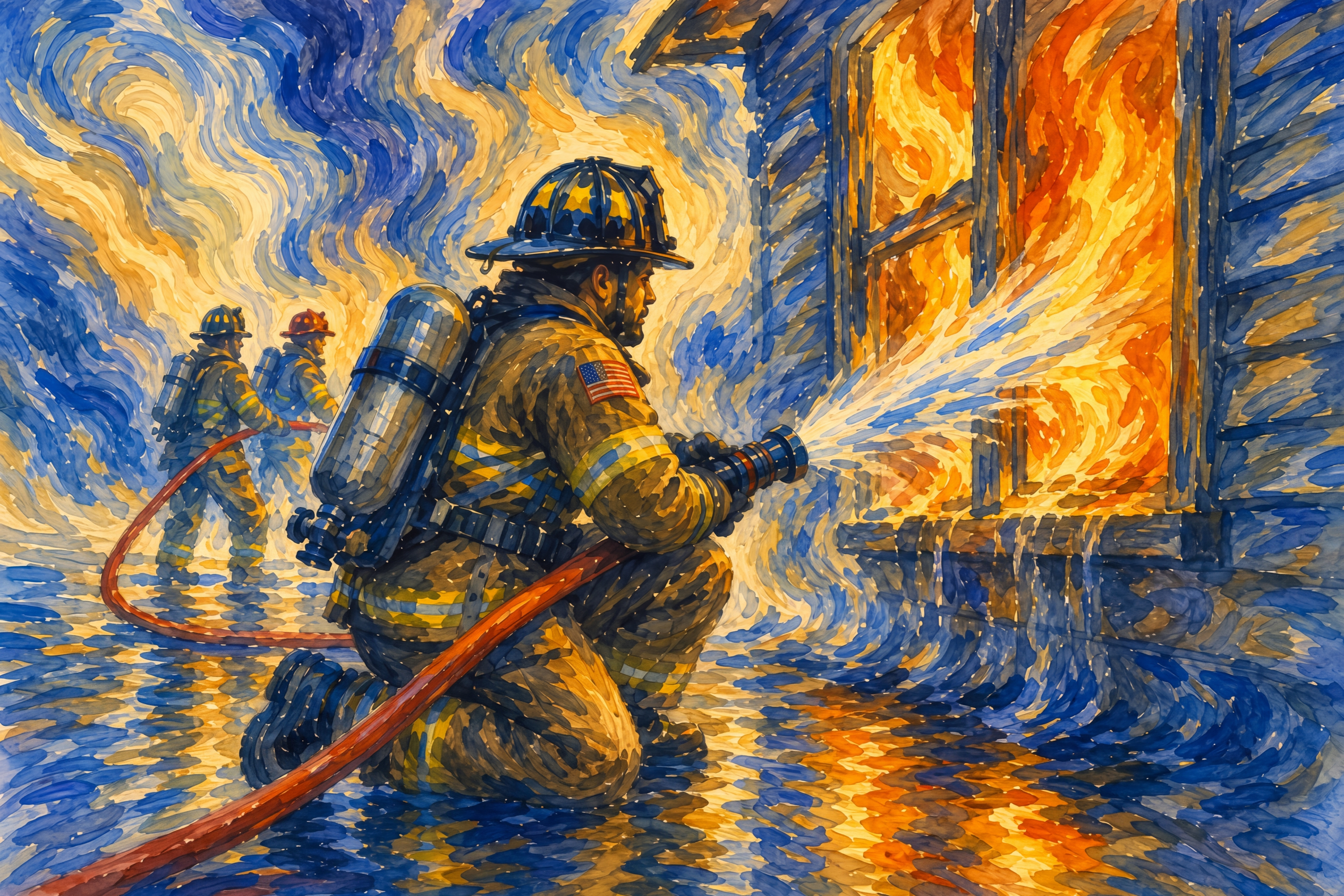 Watercolor fine art print showing a firefighter kneeling beside a burning building, directing a stream of water into towering flames as smoke and reflections fill this expressive print honoring courage and public service.